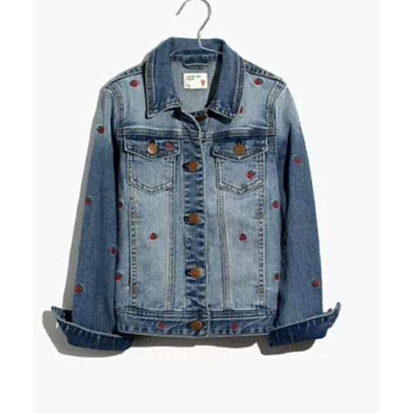 Madewell x crewcuts Kids' Strawberry 🍓 Embroidered Jean Jacket Sz 12. EUC! - Picture 2 of 5